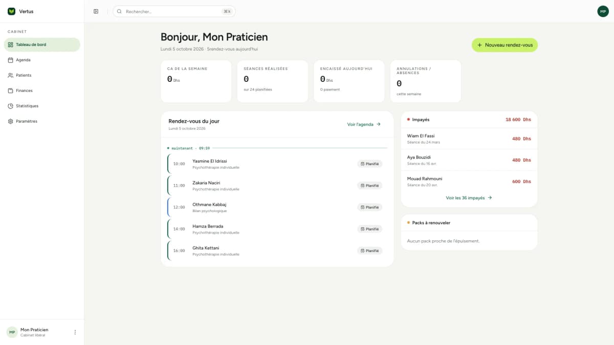Vertus Health : tableau de bord, rendez-vous du jour et impayés