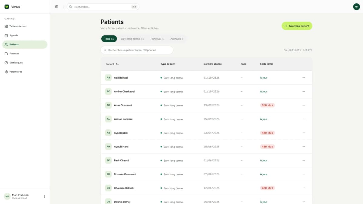 Vertus Health : liste des patients et leur solde