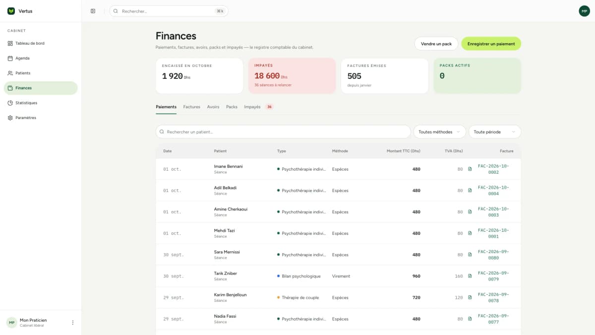 Vertus Health : paiements et factures du cabinet