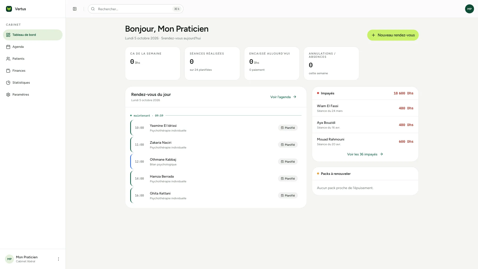 Vertus Health : tableau de bord, rendez-vous du jour et impayés
